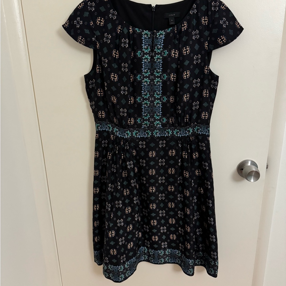 J. Crew Black Dress with Blue, Yellow  and Green Pattern